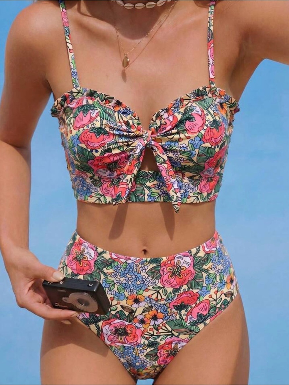 Floral Tie-Front High-Waist Bikini - Pink Multi